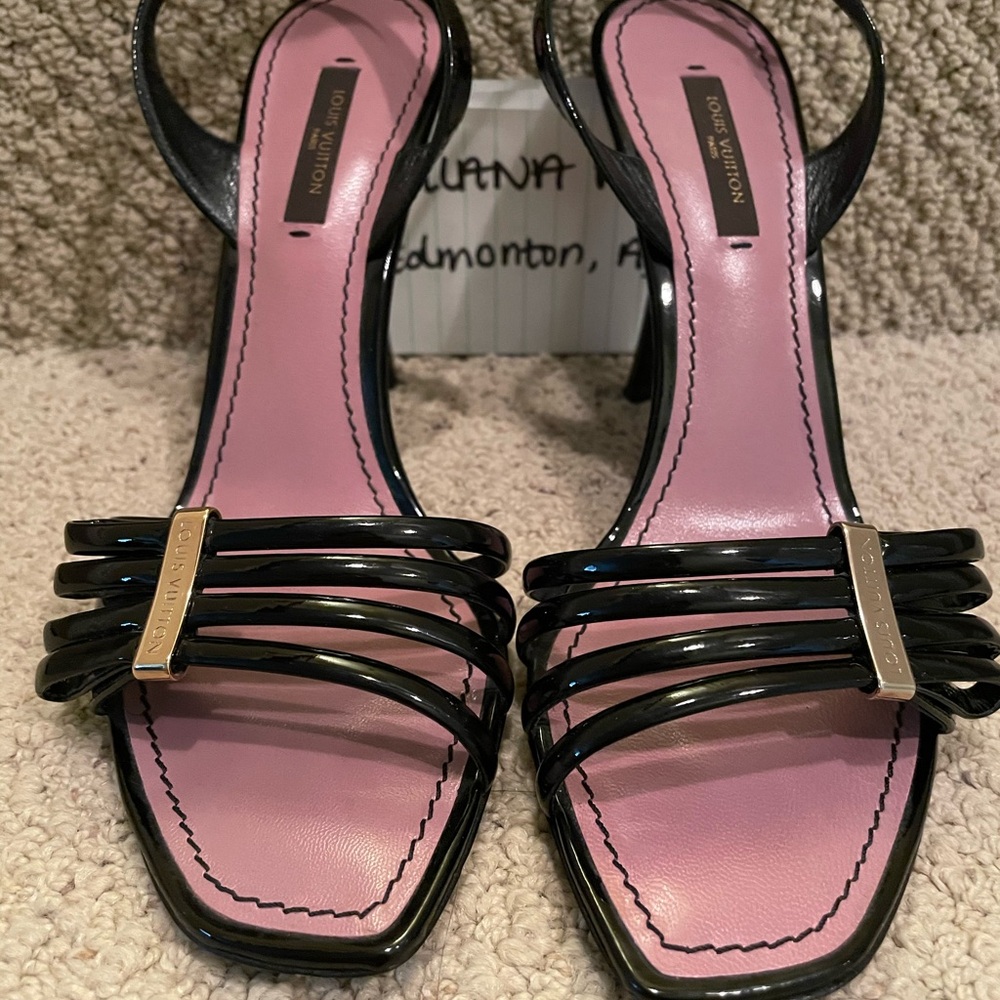 Louis Vuitton slingback sandal heels - patent leather and gold hardware